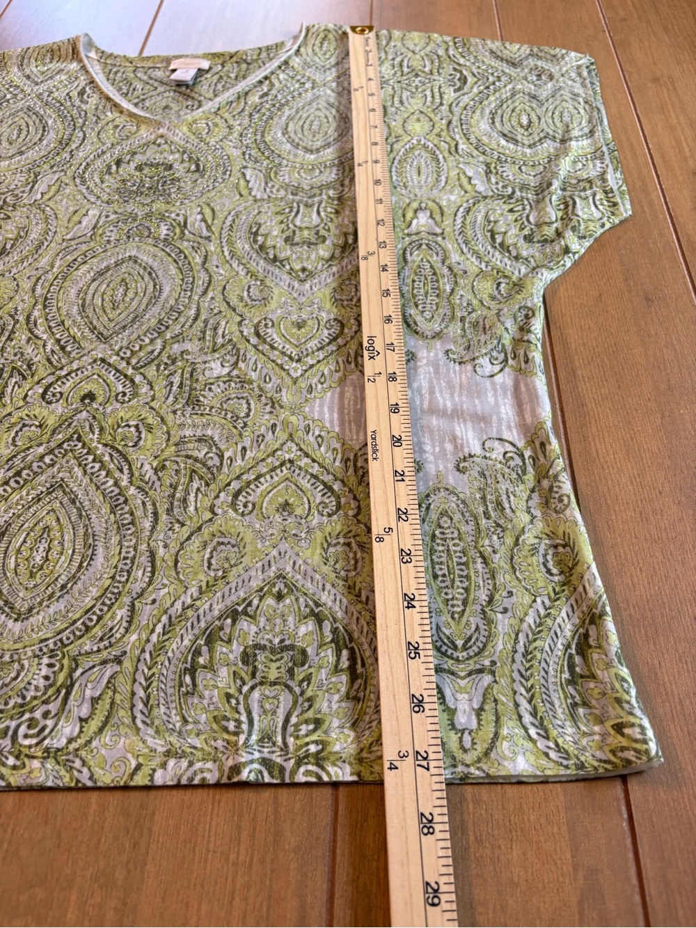Chico's Paisley V-Neck Top Women 3 XL Green Rhinestone Embellished Boho Blouse - Picture 10 of 11